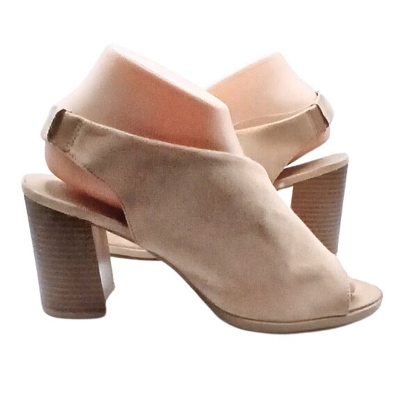 Dexflex Women Peep Toe High Block Heel Sandal Size 8 Boho Chic Vegan Textile Tan - Picture 3 of 7